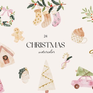 Weihnachten Clipart, Aquarell Rosa Weihnachten Bundle, Winter Clipart, Frohe Weihnachten PNG, Weihnachten Schnittdateien, Weihnachten Aufkleber Set