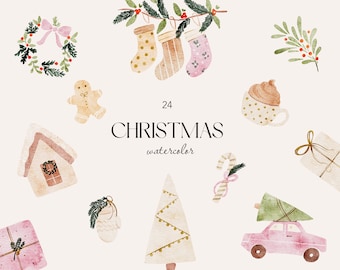 Christmas Clipart, Watercolor Pink Christmas Bundle, Winter Clipart, Merry Christmas PNG, Christmas Cut Files, Christmas Stickers Set