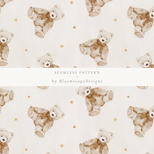 Modèle sans couture aquarelle avec ours en peluche, papier numérique neutre pour chambre de bébé, motif tissu bébé, impression peluche mignonne, arrière-plan neutre entre les sexes