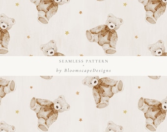 Watercolor Teddy Bear Seamless Pattern, Neutral Nursery Digital Paper, Baby Fabric Repeat, Cute Plush Toy Print, Gender Neutral Background
