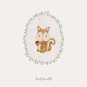 May include: A watercolor illustration of a brown squirrel holding an acorn, surrounded by a wreath of green leaves. The text "hand-painted" is written below the image.