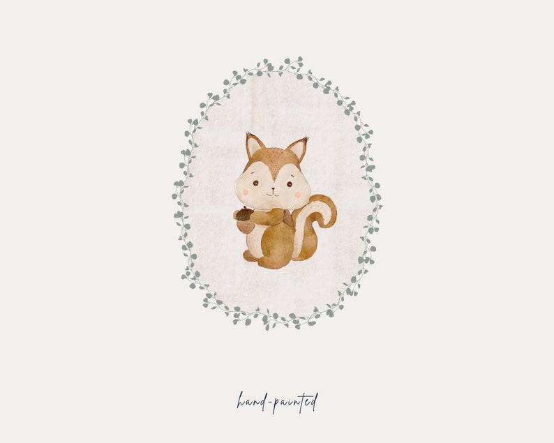May include: A watercolor illustration of a brown squirrel holding an acorn, surrounded by a wreath of green leaves. The text "hand-painted" is written below the image.