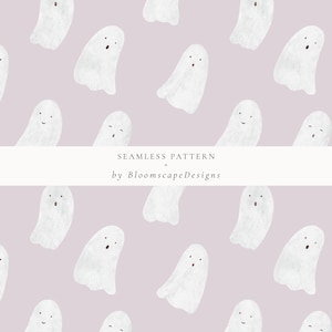 May include: A seamless pattern featuring white ghosts with different facial expressions on a light purple background. The text "SEAMLESS PATTERN" and "by BloomScapeDesigns" is at the bottom of the image.