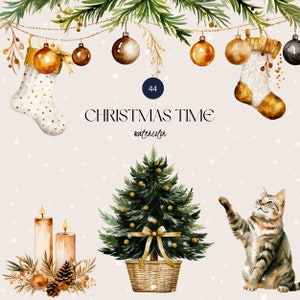Aquarell Weihnachtscliparts, Niedliche Katze Weihnachtscliparts, Weihnachtskranz Set, grüne und goldene Weihnachtselemente, Weihnachtsbaum png