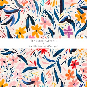 Papel tapiz digital colorido y caprichoso, flores abstractas rosas y amarillas, patrón floral brillante sin costuras, papel digital de verano sin costuras, gouache