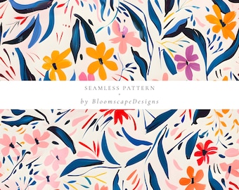 Può includere: Un motivo floreale senza cuciture con fiori blu, gialli, rosa, rossi e arancioni su uno sfondo bianco. Il motivo è intitolato "Seamless Pattern by BloomscapeDesigns".