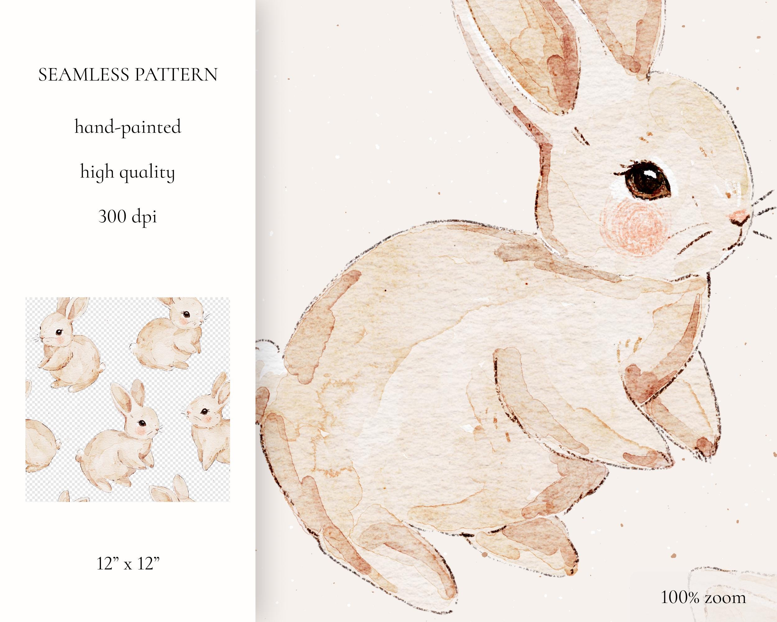 Watercolor Bunny Seamless Pattern, Hand-painted Rabbit Digital Paper ...