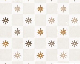Neutral Star Flower Seamless Pattern, Minimal Checkered Nursery Wallpaper, Beige Fabric Pattern, Hand Painted Digital Paper
