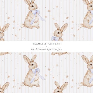 Può includere: Motivo senza cuciture con illustrazioni ad acquerello di conigli con fiocchi blu. Il design presenta strisce verticali beige e piccoli accenti a forma di stella. Il testo "SEAMLESS PATTERN" e "by Bloomscape Designs" è visibile.