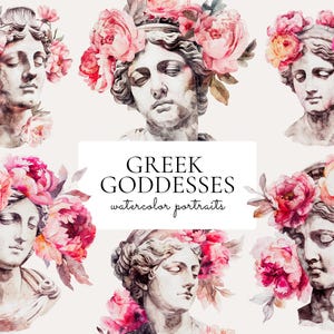 Portraits à l'aquarelle de déesses grecques, statues florales grecques d'Aphrodite, mythologie Clipart PNG, art mural esthétique féminin pivoine