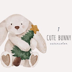 Aquarell Weihnachtshase Clipart, niedliches Urlaub Kaninchen mit Baum, Waldtier PNG, Kinder Weihnachten, festliche Kunst für Handwerk, DIY-Projekte