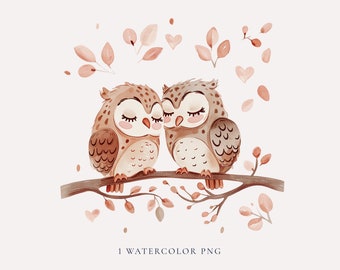 Clipart di San Valentino con gufo dell'acquerello, clipart di amore del gufo ute per la cartolina di San Valentino, png di gufo di San Valentino per bambini, clipart di gufo, download istantaneo