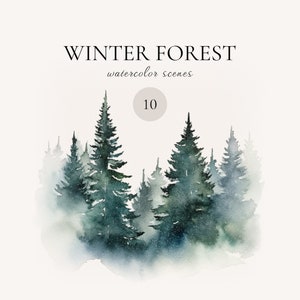 Imágenes prediseñadas de escena de invierno de acuarela, imágenes prediseñadas de acuarela de bosque nevado, imágenes prediseñadas de paisaje mínimo png, impresión de bosque de invierno, invitación al bosque