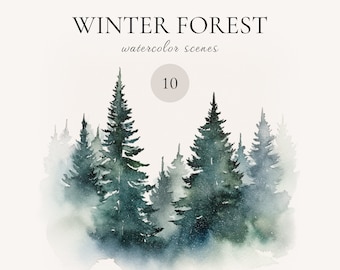 May include: Watercolor painting of a winter forest scene with tall, dark green pine trees and a misty, snowy background. The text "WINTER FOREST watercolor scenes 10" is visible at the top of the image.