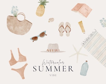 Imágenes prediseñadas de acuarela de verano, imágenes prediseñadas de chica playera, imágenes prediseñadas de vacaciones en la playa, impresión de acuarela vintage, descarga instantánea, uso comercial