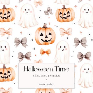 Niedliche Halloween Geister Kürbisse Bögen Nahtloses Muster, Aquarell Halloween Digital Papier, Pastell Halloween Design mit schwarz rosa Bögen