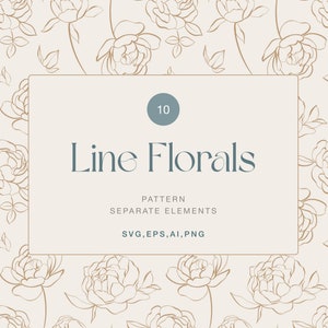花のシームレス パターン SVG、花の線画、牡丹の花 SVG、バラの花 SVG、ベクター植物線画、花束 SVG、牡丹 SVG