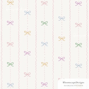 Coquette Bow Seamless Pattern, Pastel Stripe Ribbon Digital Paper, Girly Nursery Wallpaper, Preppy Fabric Pattern, Hand Painted