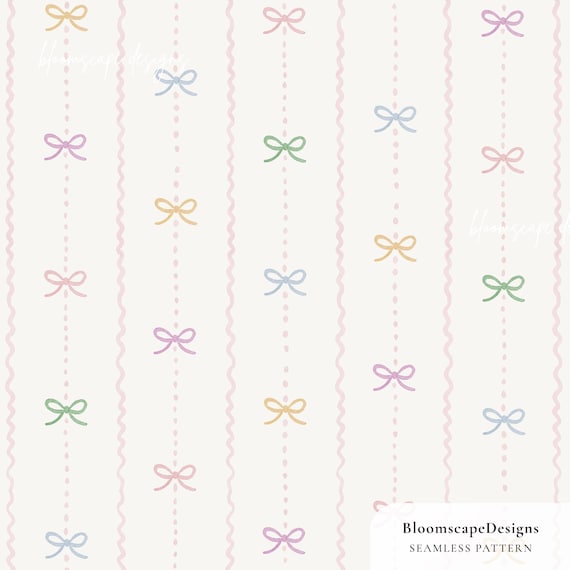 Coquette Bow Seamless Pattern, Pastel Stripe Ribbon Digital Paper, Girly Nursery Wallpaper, Preppy Fabric Pattern, Hand Painted