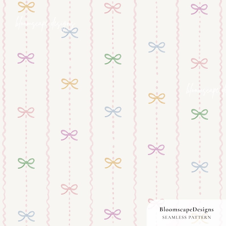 Coquette Bow Seamless Pattern, Pastel Stripe Ribbon Digital Paper, Girly Nursery Wallpaper, Preppy Fabric Pattern, Hand Painted image 1