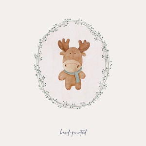 May include: A watercolor illustration of a brown moose wearing a blue scarf, surrounded by a green leafy wreath. The text "hand-painted" is written below the image.