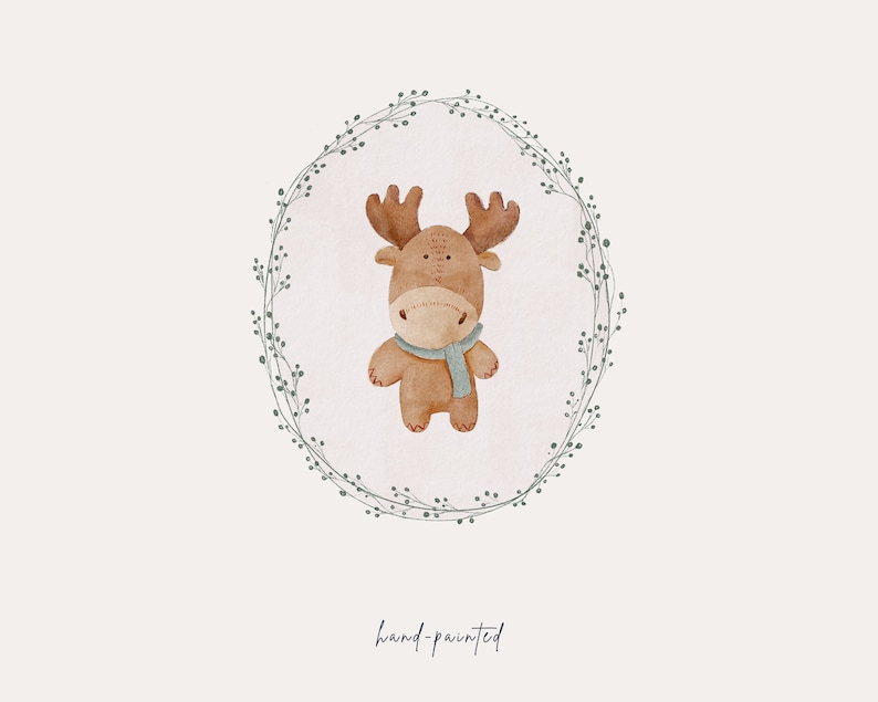May include: A watercolor illustration of a brown moose wearing a blue scarf, surrounded by a green leafy wreath. The text "hand-painted" is written below the image.