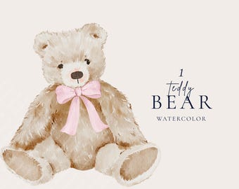 Pink Bow Teddy Bear Clipart, Watercolor Baby Bear PNG, Girl Baby Shower Decor, Cute Nursery Art, Hand Drawn Plush Toy, Vintage Neutral