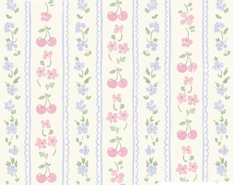 Preppy Cherry Floral Seamless Pattern, Coquette Summer Stripe Pattern, Vintage Ditsy Flowers Digital Paper, Scrapbook Paper