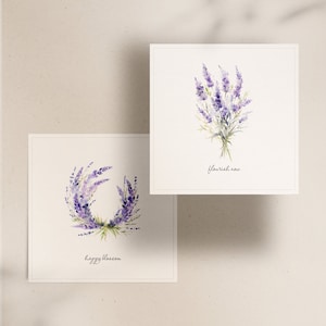 May include: Two watercolour illustrations of lavender flowers. The first illustration shows a bouquet of lavender flowers with the text "flourish now". The second illustration shows a wreath of lavender flowers with the text "happy blossom".