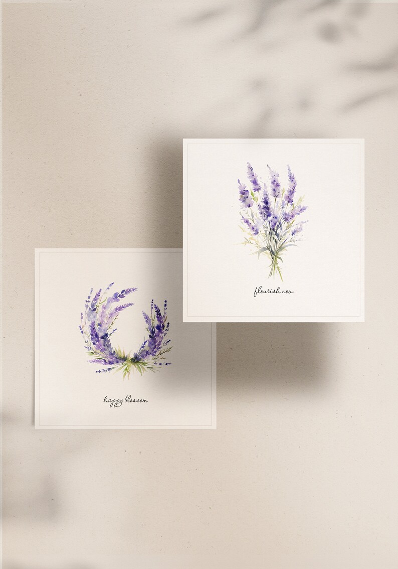 May include: Two watercolour illustrations of lavender flowers. The first illustration shows a bouquet of lavender flowers with the text "flourish now". The second illustration shows a wreath of lavender flowers with the text "happy blossom".