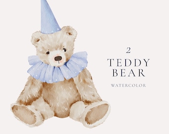 Cute watercolor teddy bear clipart, Birthday clipart, Blue teddy bear, Bear baby shower, Instant download, Commercial use
