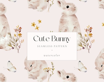 Watercolor Bunny Rabbit Digital Paper, Easter Seamless Pattern, Spring ...