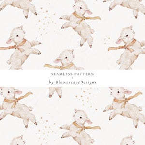 Cute Lamb Bow Seamless Pattern, Sheep Repeat Background, Baby Lamb Nursery Art, Gender Neutral Pastel Design, Spring Easter Sheep Pattern