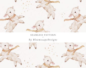 Cute Lamb Bow Seamless Pattern, Sheep Repeat Background, Baby Lamb Nursery Art, Gender Neutral Pastel Design, Spring Easter Sheep Pattern