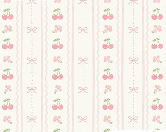 Cherry Bow Seamless Pattern, Preppy Coquette Stripe Floral, Cute Scrapbook Paper, Digital Wallpaper Fabric Design