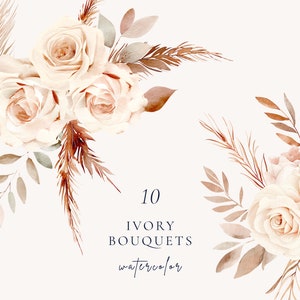 Aquarelle beige ivoire rose clipart, composition florale neutre, clipart floral beige, fleur bohème élégante, clipart fleur de mariage
