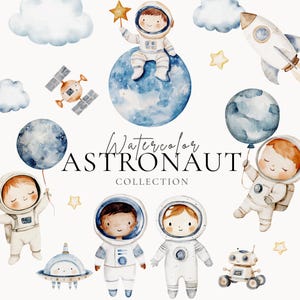 Aquarell Weltraum Clipart Bundle, niedlicher Astronaut PNG Set, Galaxy Baby Sublimation, Rakete Planet Sterne Clip Art, Weltraum Kinder PNG Grafiken