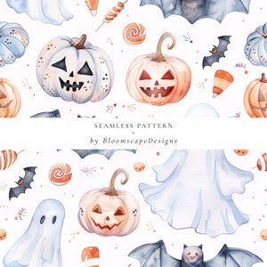 Pastel halloween seamless pattern, Watercolor halloween digital paper, cute ghost, pumpkin, sweets digital background clipart, Spooky fabric