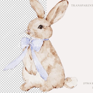May include: A watercolor illustration of a brown bunny rabbit wearing a light blue bow. The bunny is sitting with its ears perked up and looking to the side.