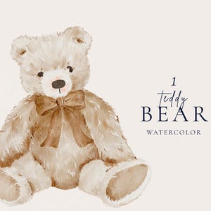 Clipart aquarelle ours en peluche, noeud marron peluche PNG, Illustration de bébé ours dessiné à la main, art de chambre de bébé neutre entre les sexes mignon, baby shower