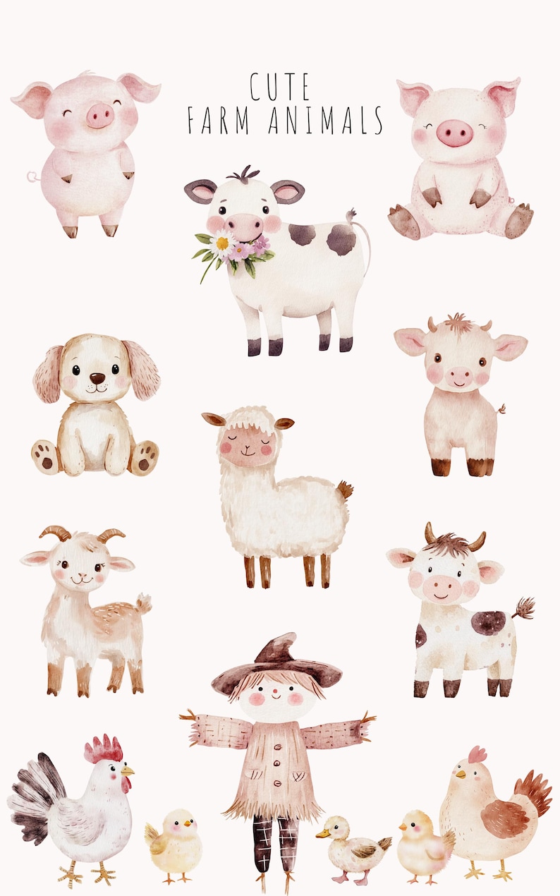 Watercolor Farm Clipart Bundle, Cute Farm Animals PNG, Rustic ...
