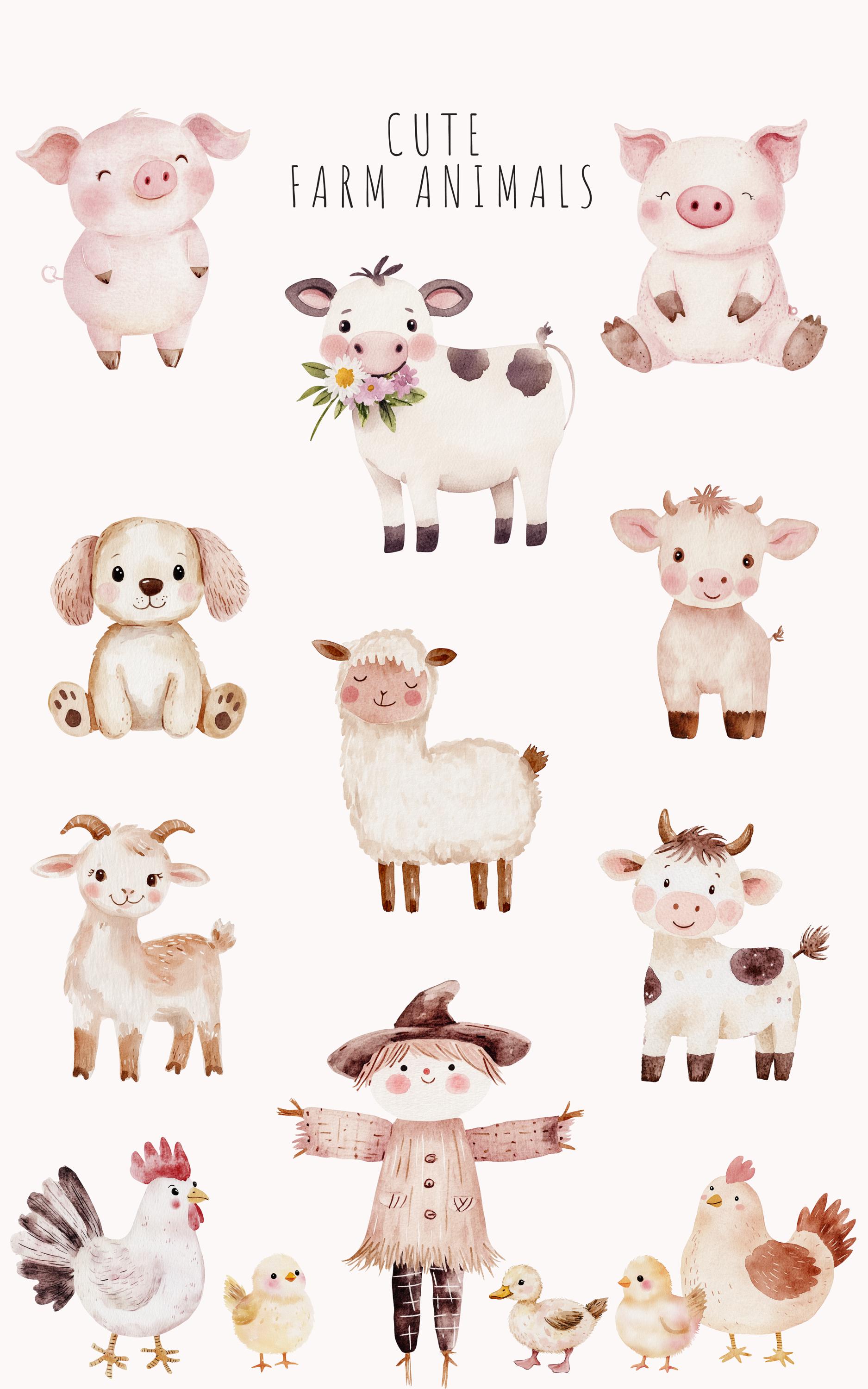 Watercolor Farm Clipart Bundle, Cute Farm Animals PNG, Rustic ...