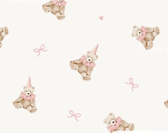 Pink Teddy Bear Seamless Pattern, Baby Girl Nursery Wallpaper, Birthday Bear Pattern, Coquette Teddy Fabric, Baby Shower Digital Paper