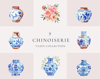 Ginger jar clipart with pink peonies, Chinoiserie blue vase watercolor clipart, Ginger jar art, Watercolor art print set, Instant download