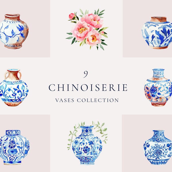 Ginger jar clipart with pink peonies, Chinoiserie blue vase watercolor clipart, Ginger jar art, Watercolor art print set, Instant download