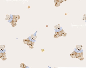 Blue Teddy Bear Seamless Pattern, Baby Boy Nursery Wallpaper, Birthday Bear Pattern, Vintage Teddy Fabric, Baby Shower Decor