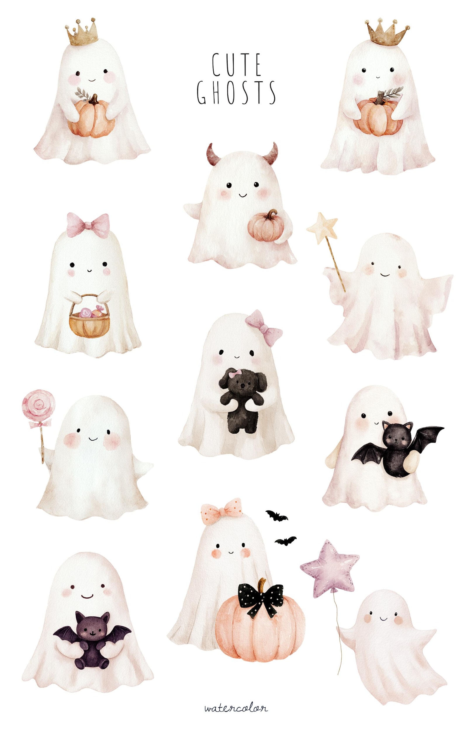 Pastel Halloween Clipart, Cute Ghost PNG, Kawaii Halloween Bundle ...