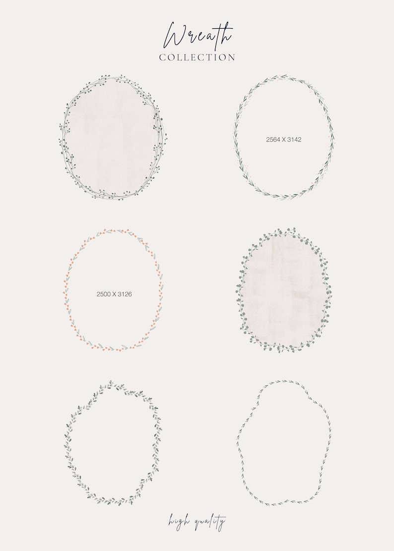 May include: Set of five wreath frames with different shapes and sizes. The frames are made of green leaves and berries. The text "Wreath Collection" and "high quality" are visible in the image.
