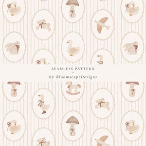 Modello di vivaio di fattoria vintage, cuccioli di animali neutri ad acquerello, design senza soluzione di continuità con coniglio, anatra e cavallo, stampa beige per bambini, carta da parati neutra per genere