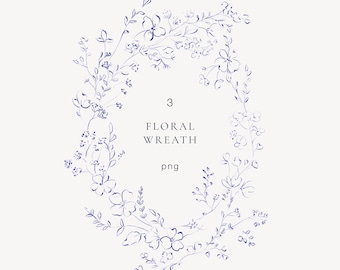 Corona floral dibujada a mano en formato PNG para manualidades modernas, decoración elegante para bodas, proyectos de bricolaje, scrapbooking y diseños florales.